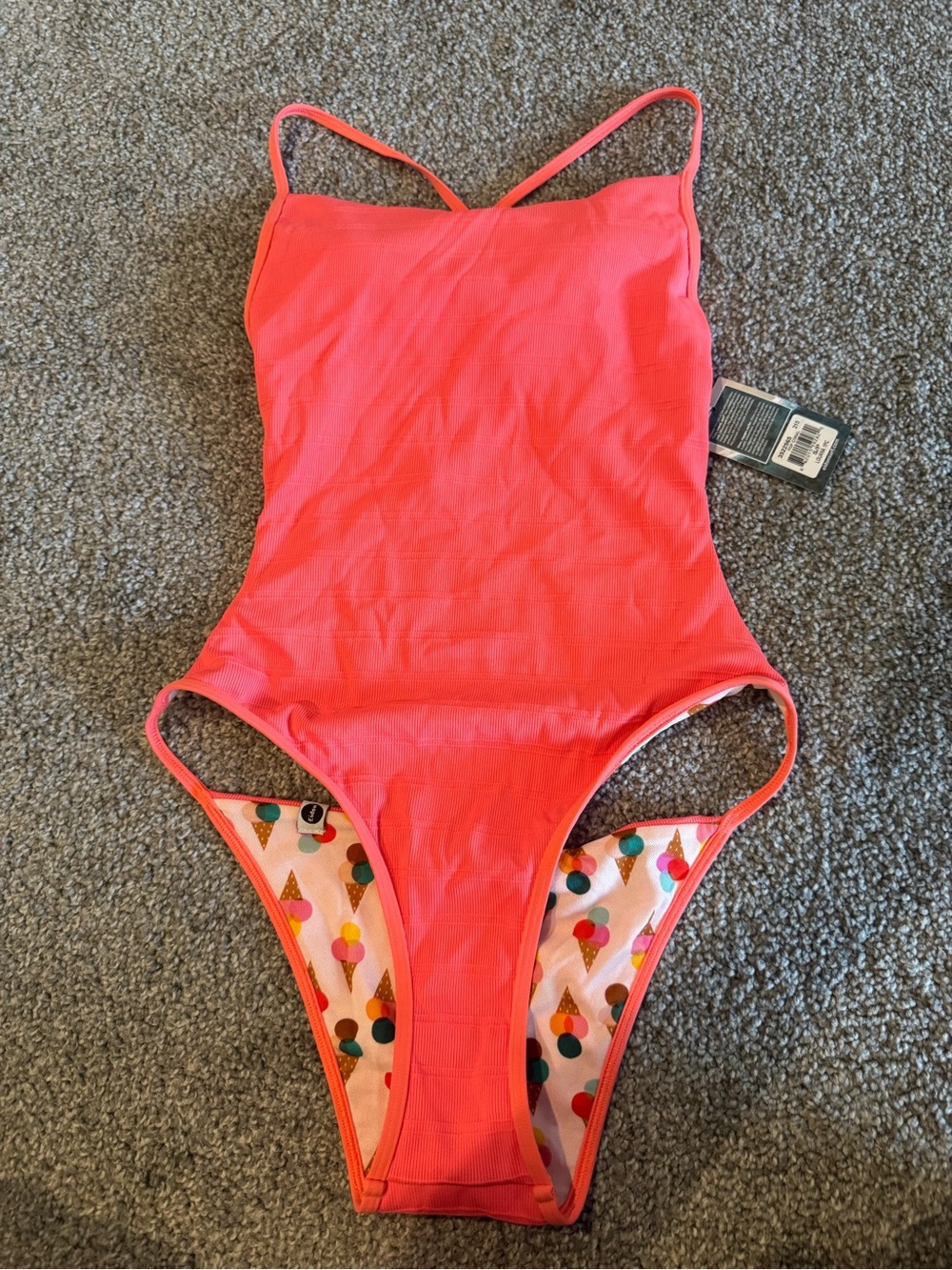 Coral Pink One-Piece Swimsuit with Fun Lined Print